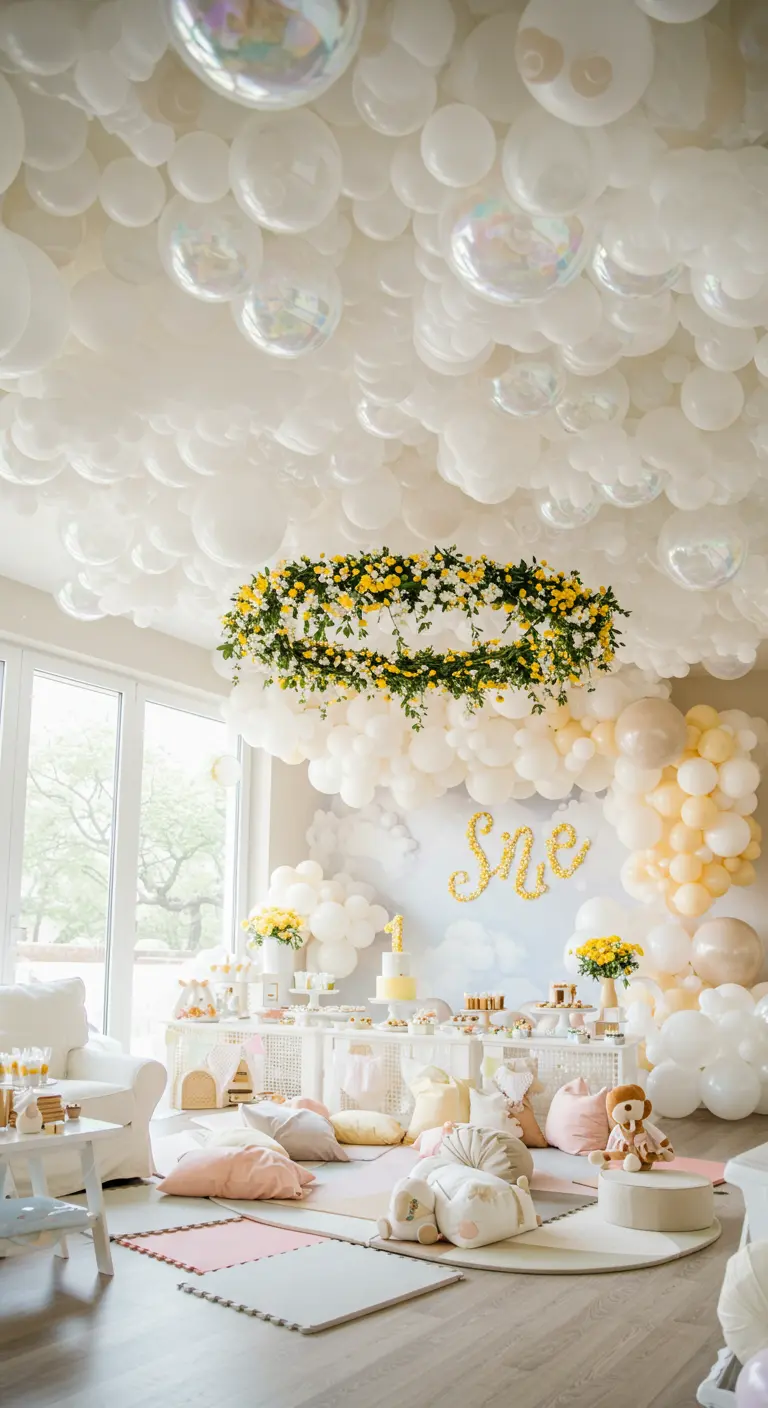 A ceiling covered in white balloons with a hanging floral wreath of yellow flowers.