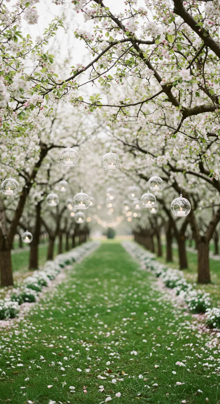 An orchard aisle with glass orbs holding candles hanging from trees.