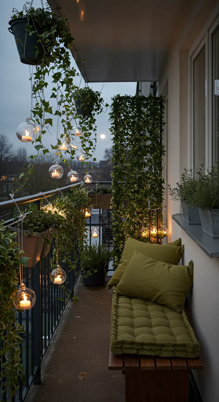 A narrow balcony with hanging glass orbs holding candles, surrounded by cascading ivy.