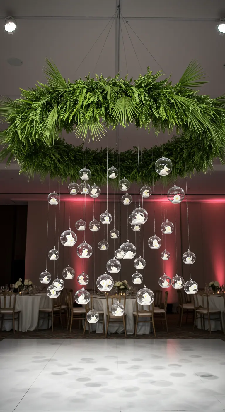 A hanging installation with a fern wreath and glass globes containing single white orchids.