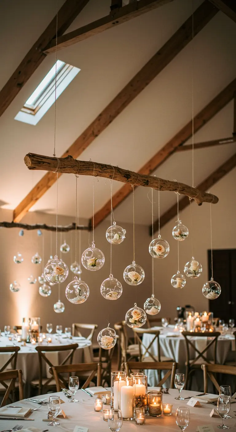Glass orbs with single roses hanging from a driftwood branch over reception tables.