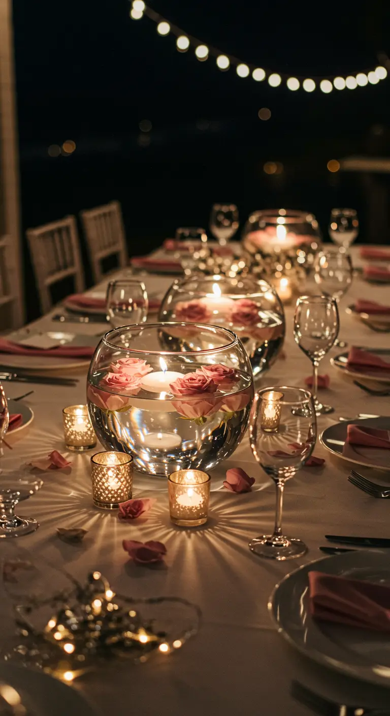 Glass bowls with water, floating pink roses, and candles on a table at night.