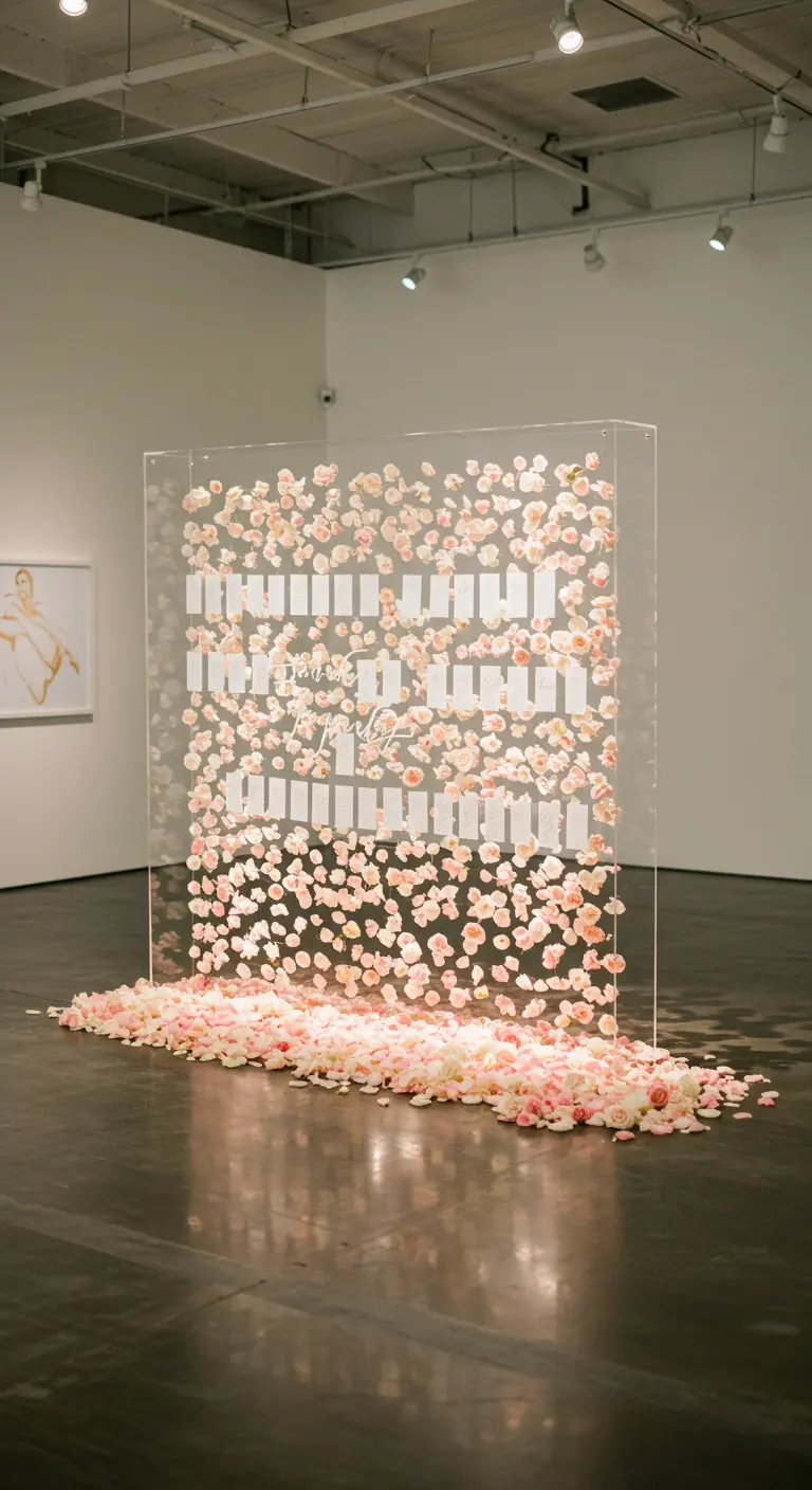 Modern acrylic wall with escort cards appearing to float among blush roses.