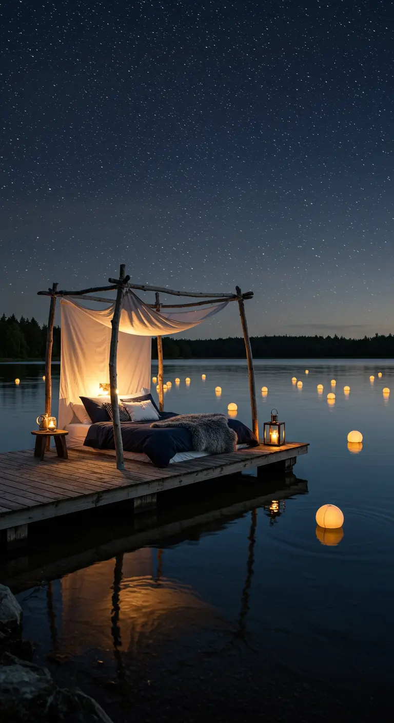 A bed on a lakeside dock under a simple canopy, surrounded by floating light orbs.