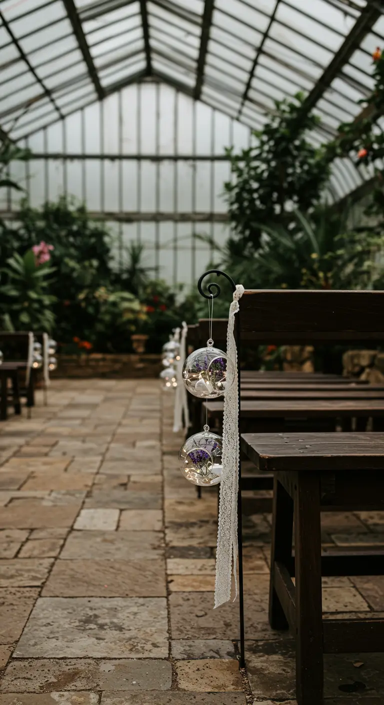 Hanging glass globes with lavender and lace tied to a shepherd's hook.