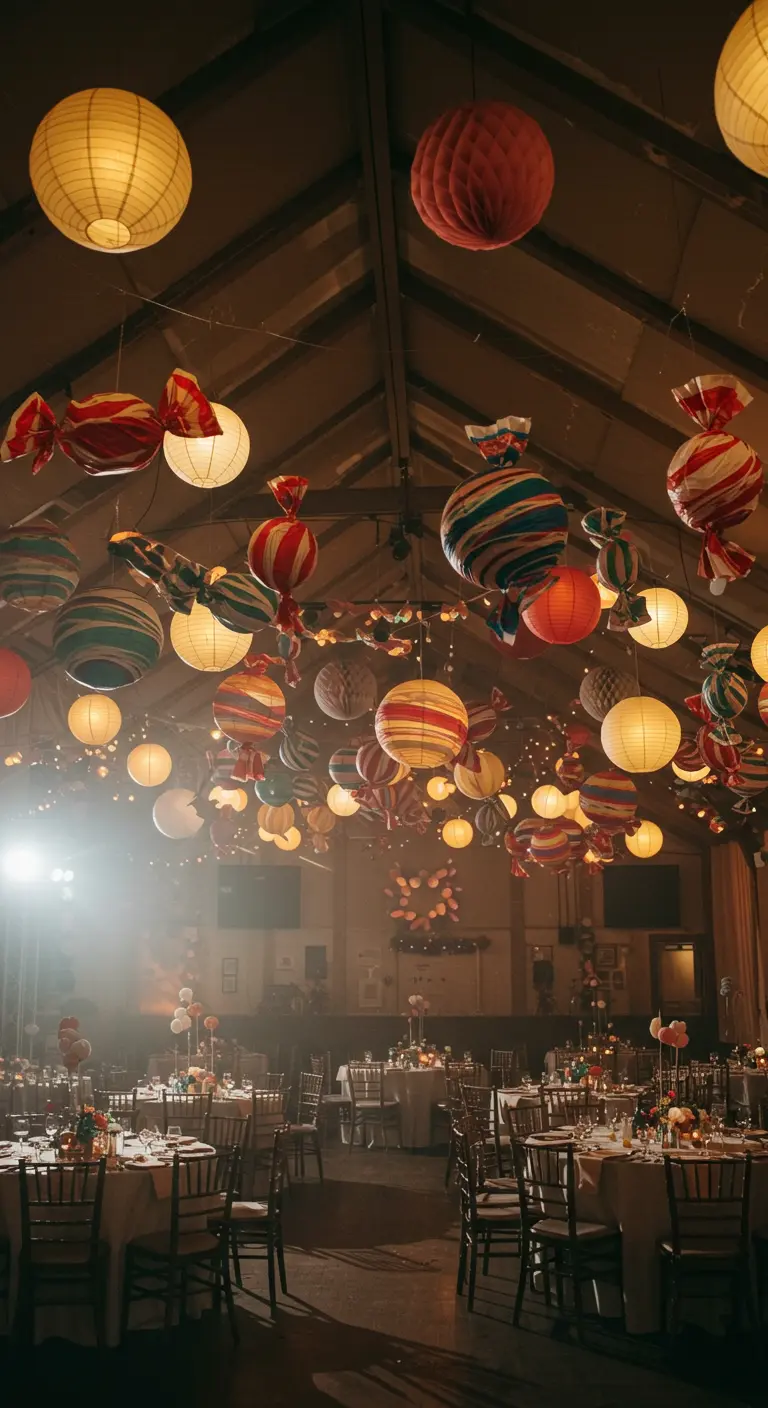 A ceiling filled with paper lanterns decorated as giant wrapped candies.