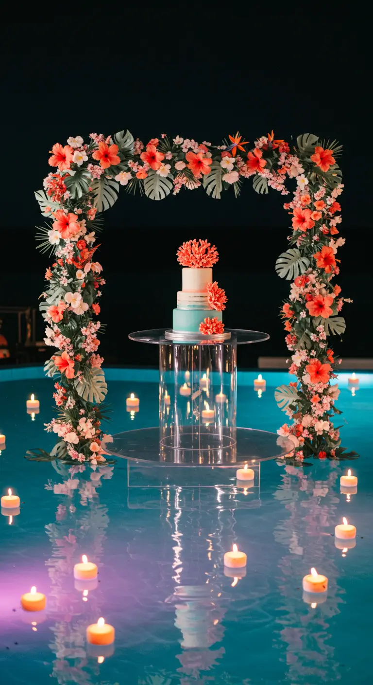 Wedding cake on a clear table in a pool, surrounded by a tropical floral arch and candles.
