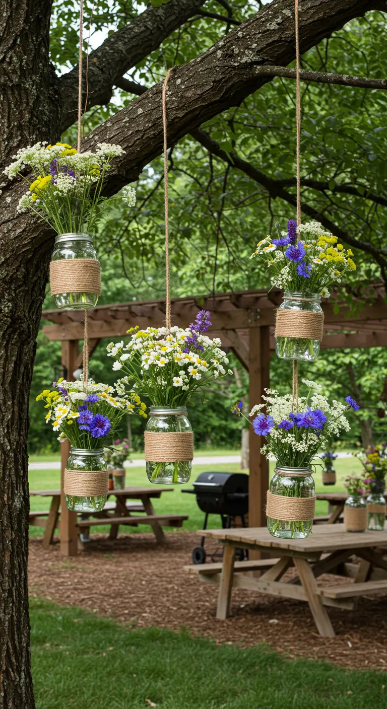 Mason jars filled with wildflowers hanging from a tree by twine.