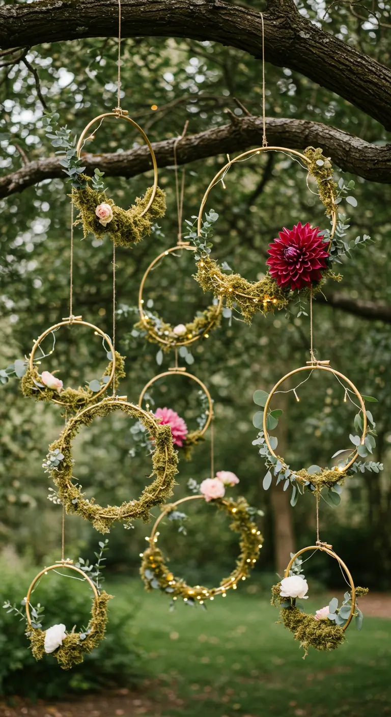 Gold hoops decorated with moss, flowers, and lights hanging from a tree.