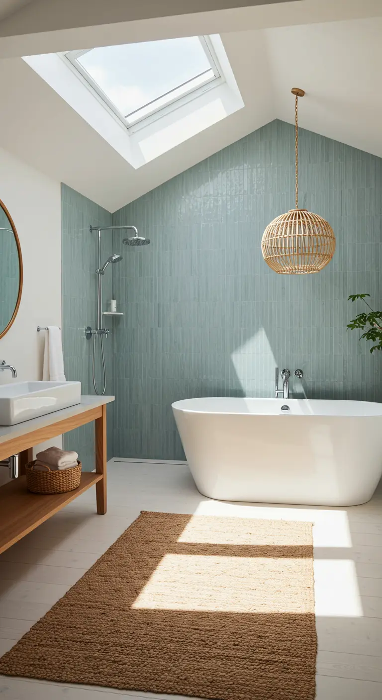 Attic bathroom with a large skylight over the freestanding tub.