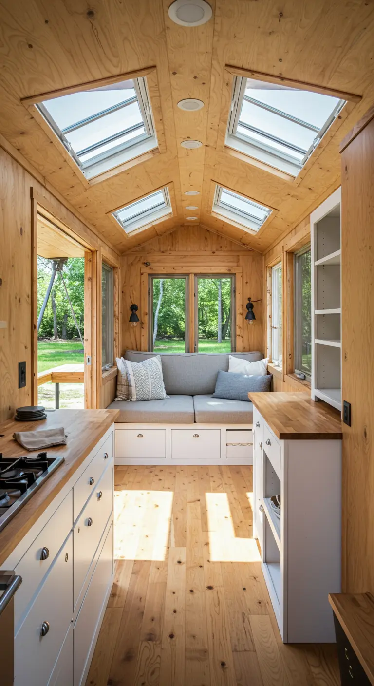 Bright tiny home interior with white cabinets, a gray sofa, and multiple skylights.