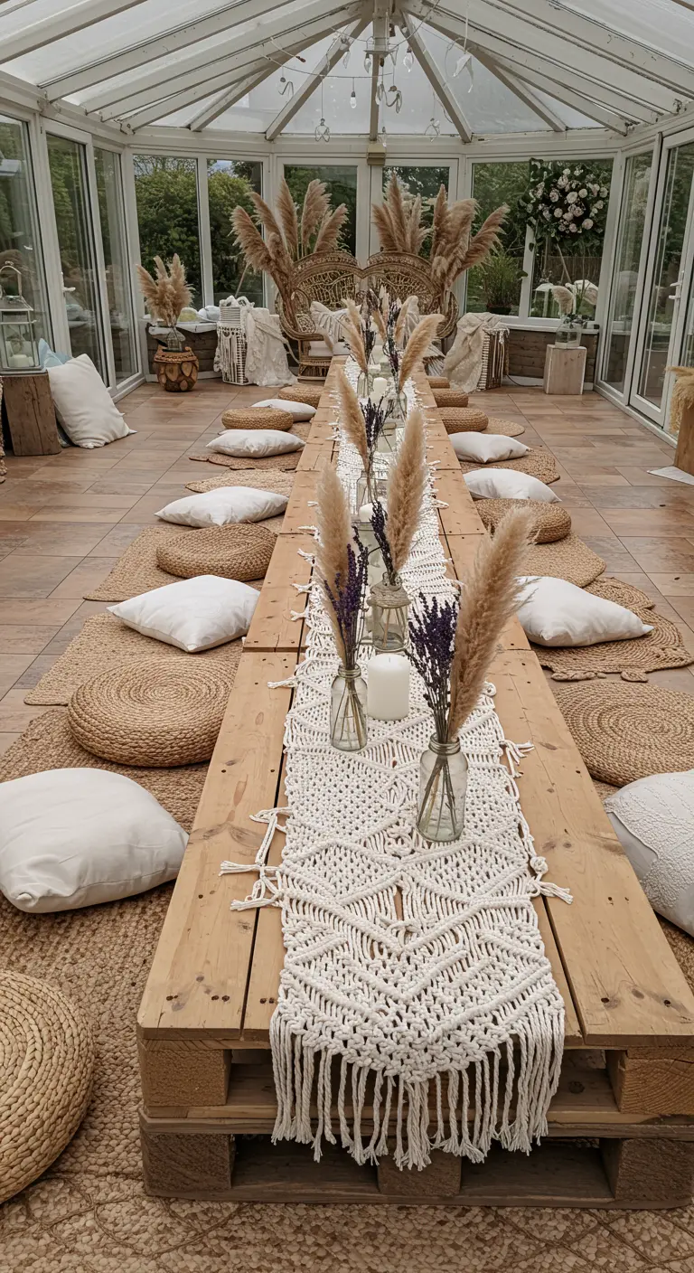 A low wooden pallet table decorated with a macrame runner, pampas grass, and floor cushions.