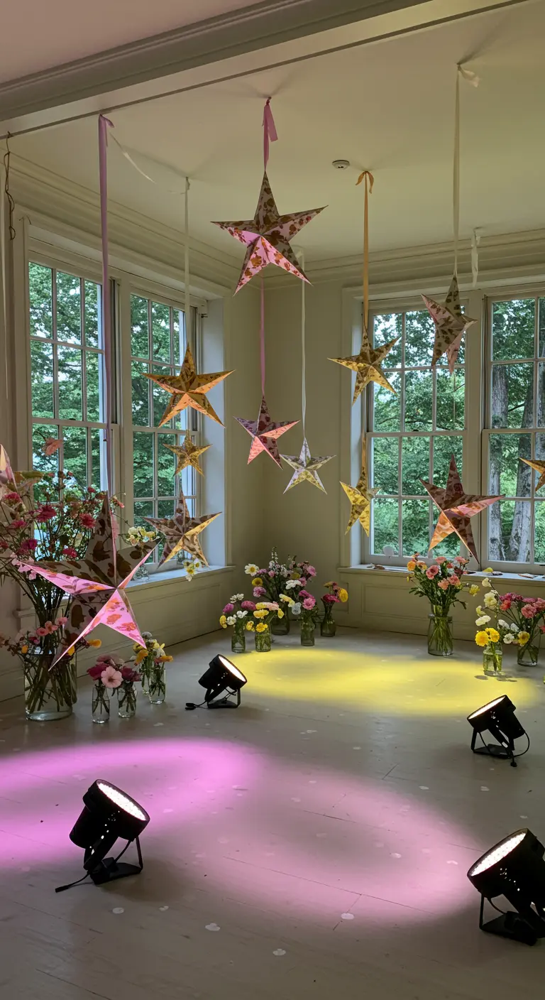A room with floral-patterned paper stars hanging from the ceiling, illuminated by pink and yellow lights.