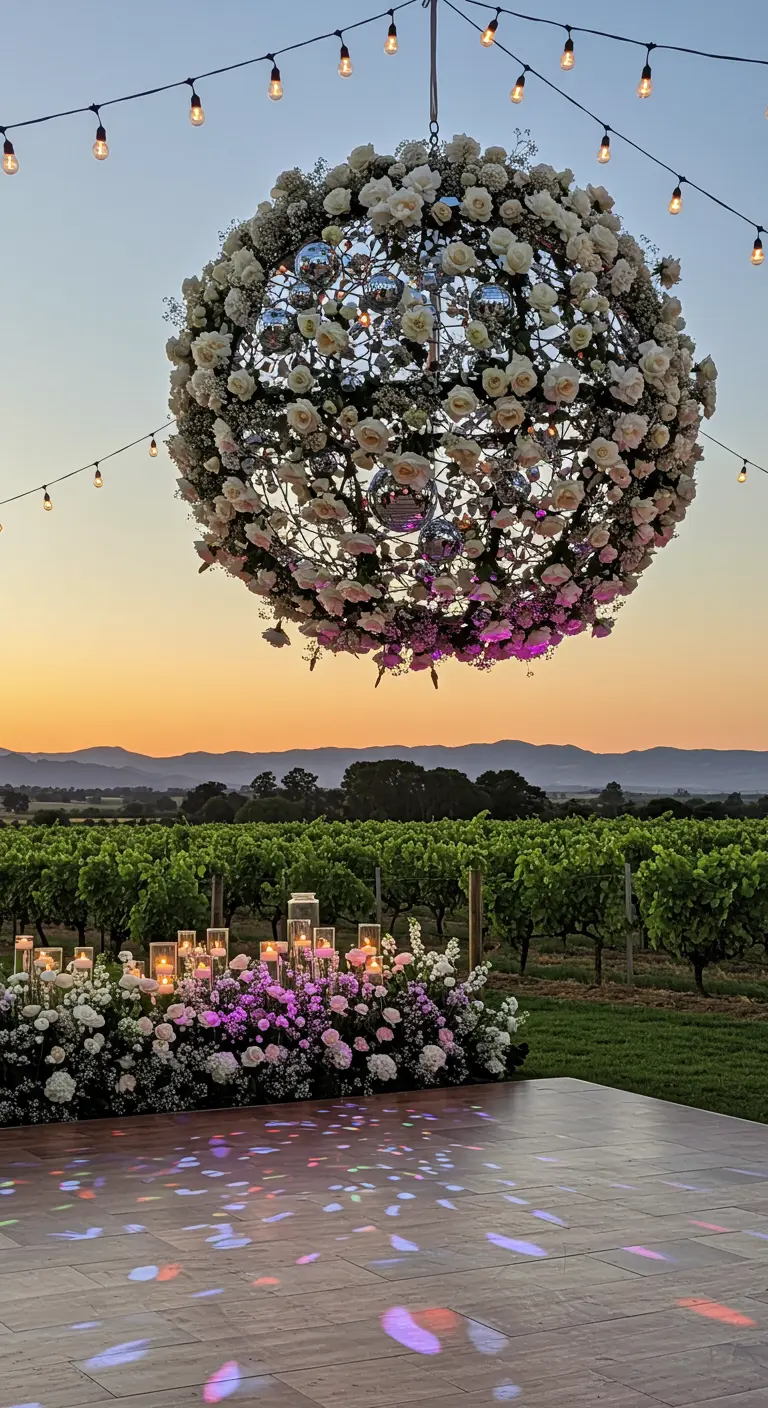 A giant disco ball covered in white and pink roses hanging over a dance floor at sunset.