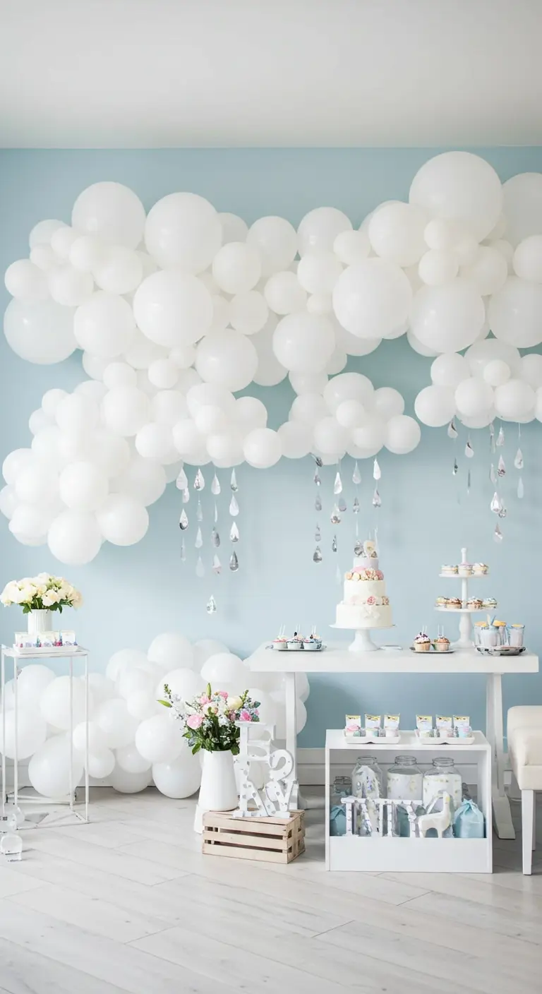 An all-white balloon cloud garland with hanging silver raindrop decorations.