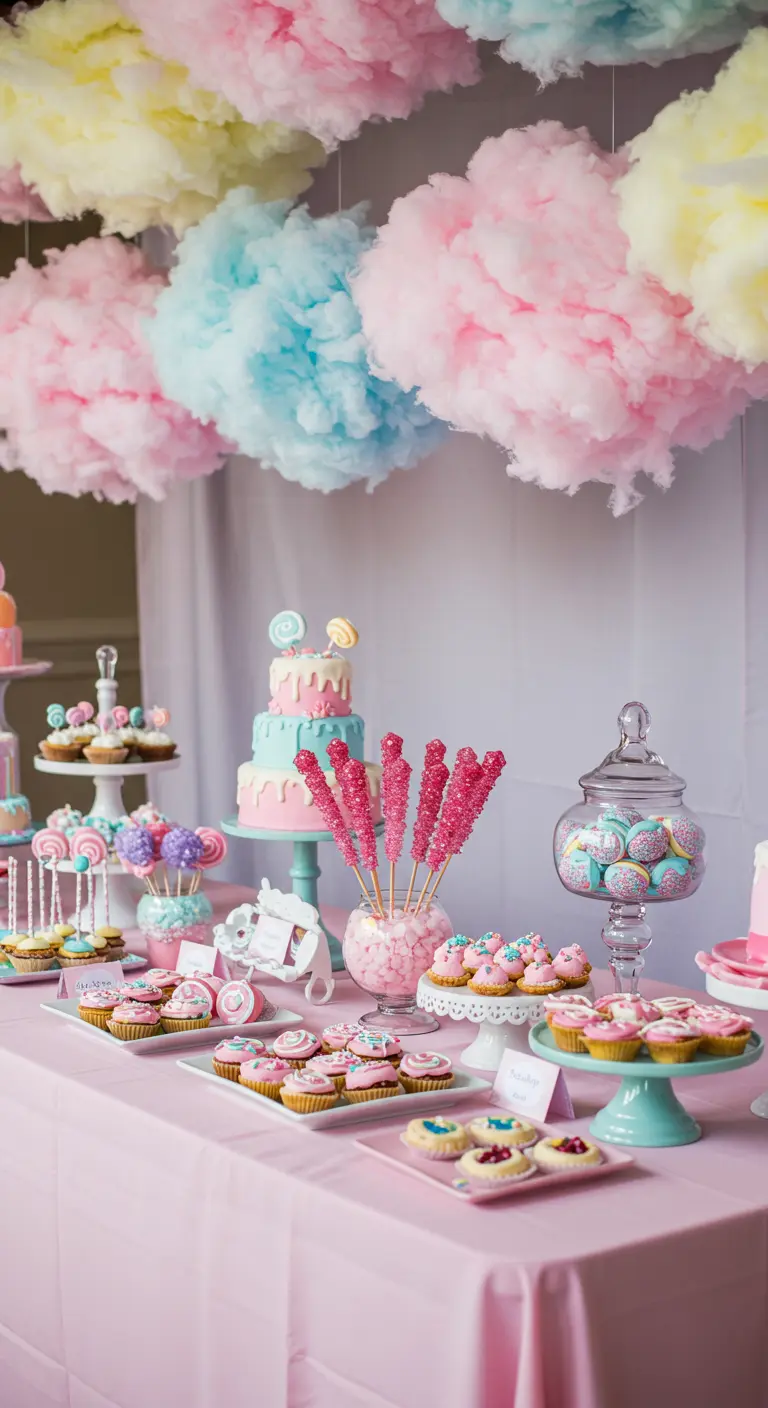 Pink, blue, and yellow cotton candy clouds hanging over a dessert table.