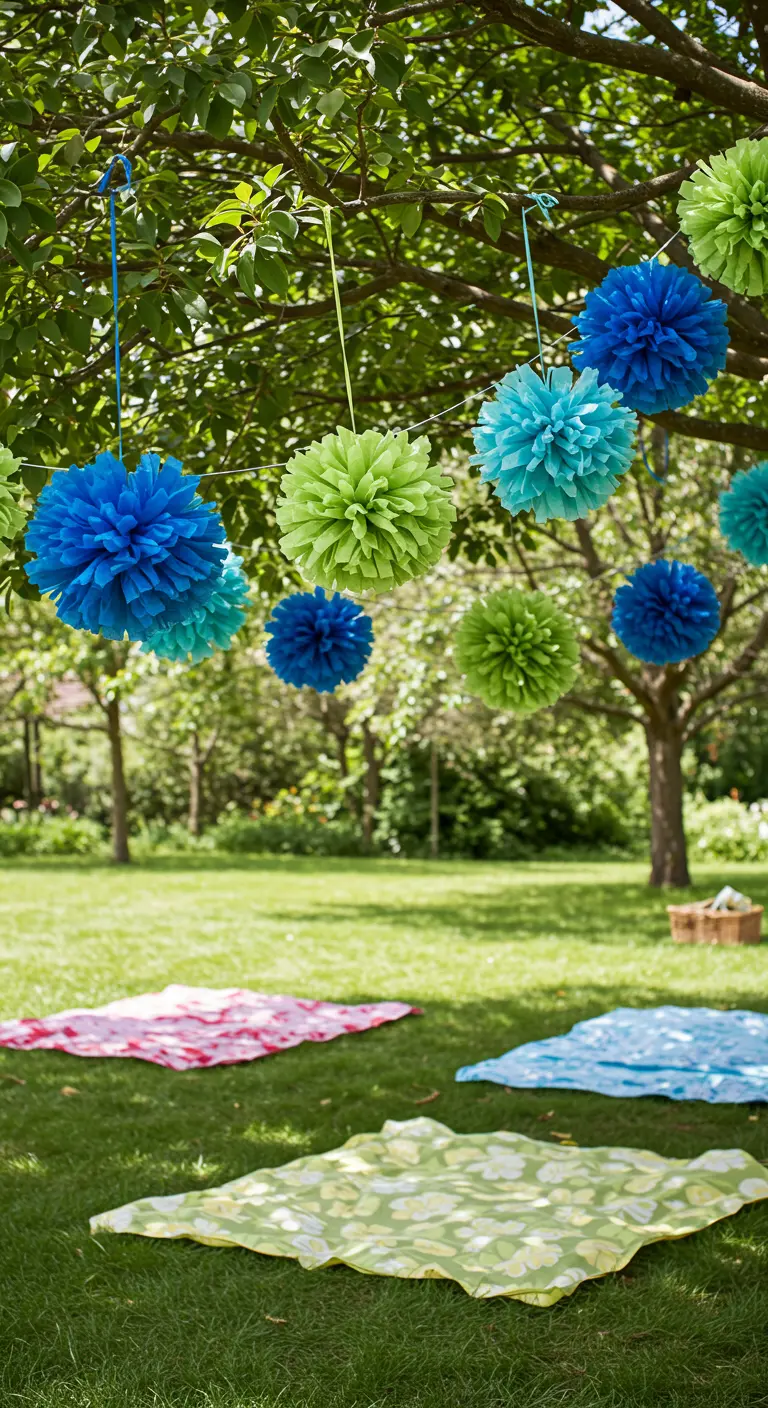 Large blue and green fabric pom-poms hanging from a tree in a garden.