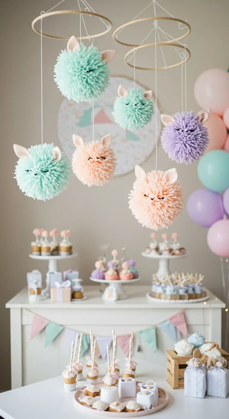 A mobile made of large pastel pom-poms decorated as sleepy animals hanging over a dessert table.