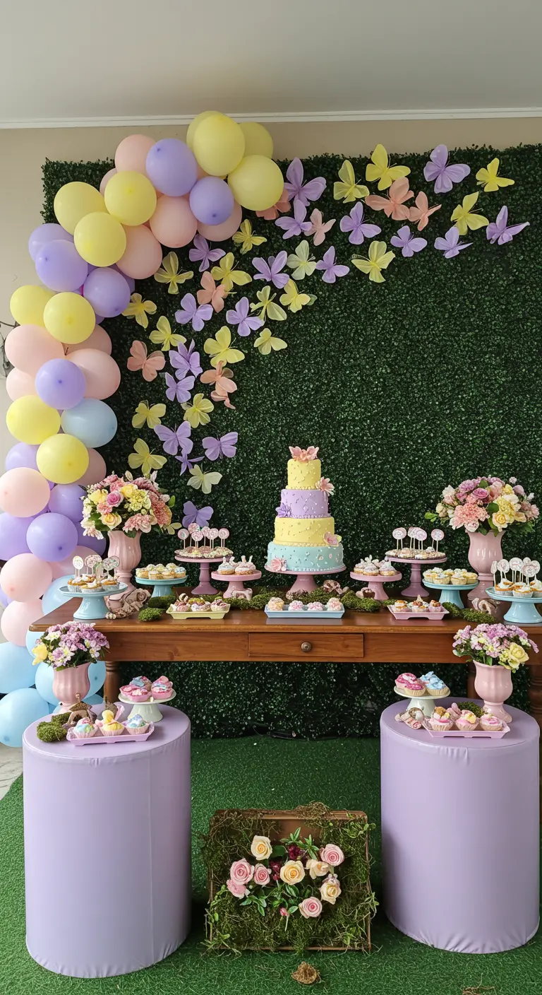 A party dessert table with a greenery wall, balloon arch, and paper butterflies.