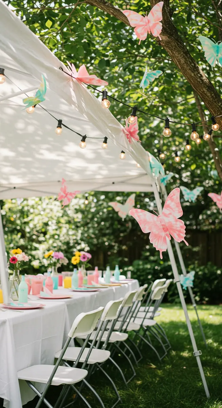 Paper butterflies attached to a white party tent and tree branches above a dining table.