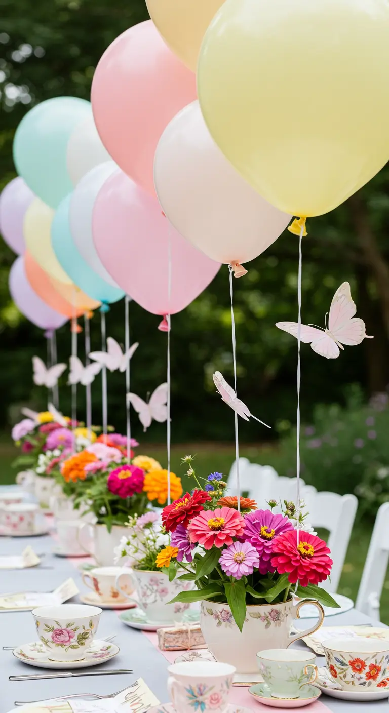 Close-up of teacup floral centerpieces with balloons and paper butterflies.
