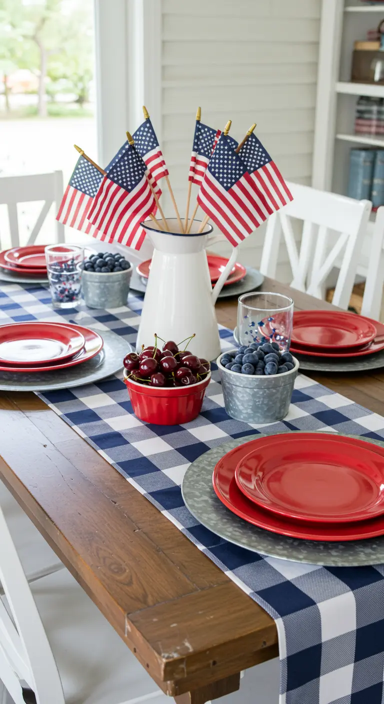 Patriotic table setting with a blue check runner, red plates, and American flags.