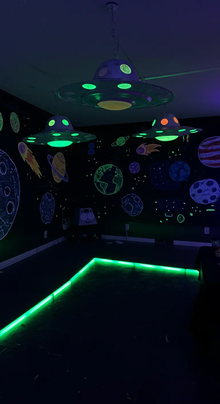 DIY flying saucer decorations made from bowls, hanging from a ceiling in a space-themed room.