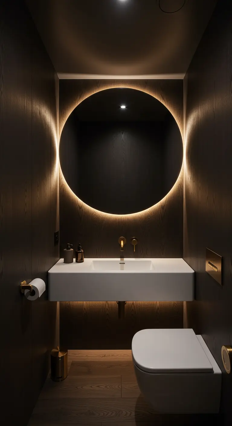 Dark wood powder room with a large, backlit round mirror and floating sink.