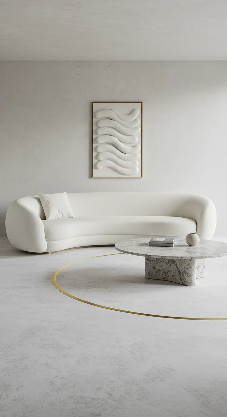 A minimal white room with a curved sofa, marble table, and a brass circle on the floor.
