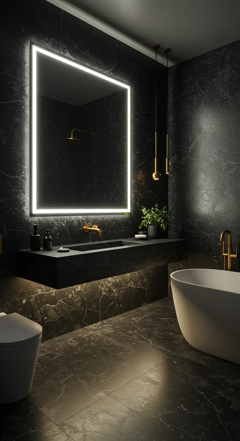 Modern bathroom with a large square backlit mirror and a black floating vanity.