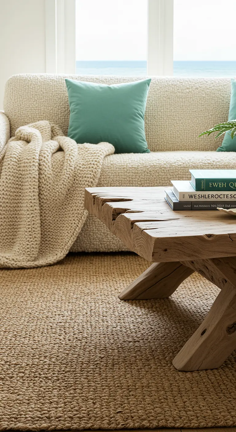 Close-up of a bouclé sofa with a knit throw and an aqua pillow next to a driftwood table.