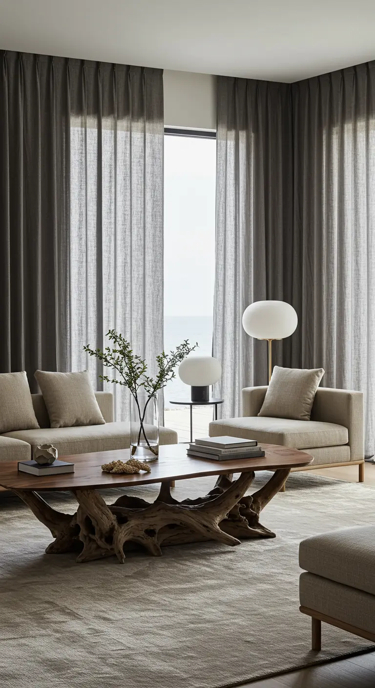 Modern minimalist living room with gray linen curtains and sculptural furniture.
