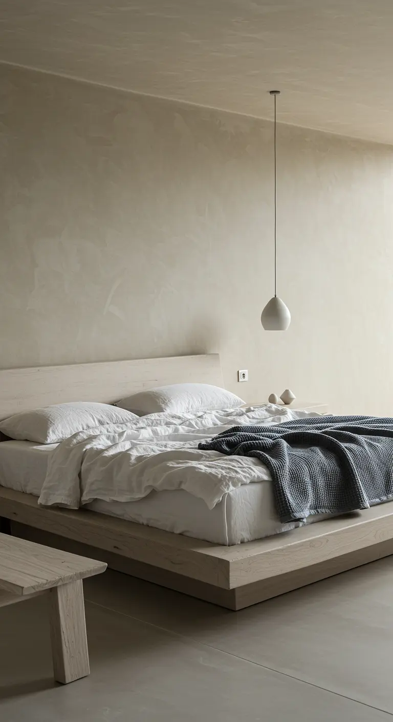 Minimalist bedroom with beige plaster walls, a low wood bed, and a single hanging pendant light.
