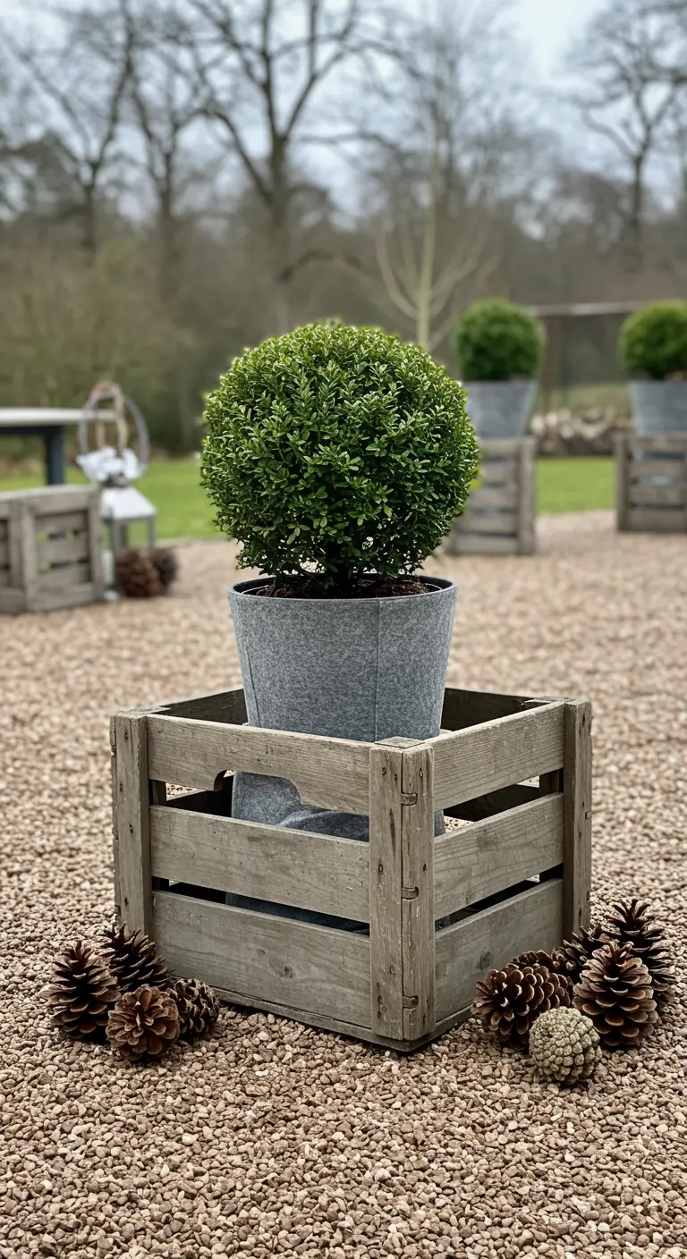 Single wooden crate with a felt-wrapped boxwood plant and scattered pinecones on gravel.