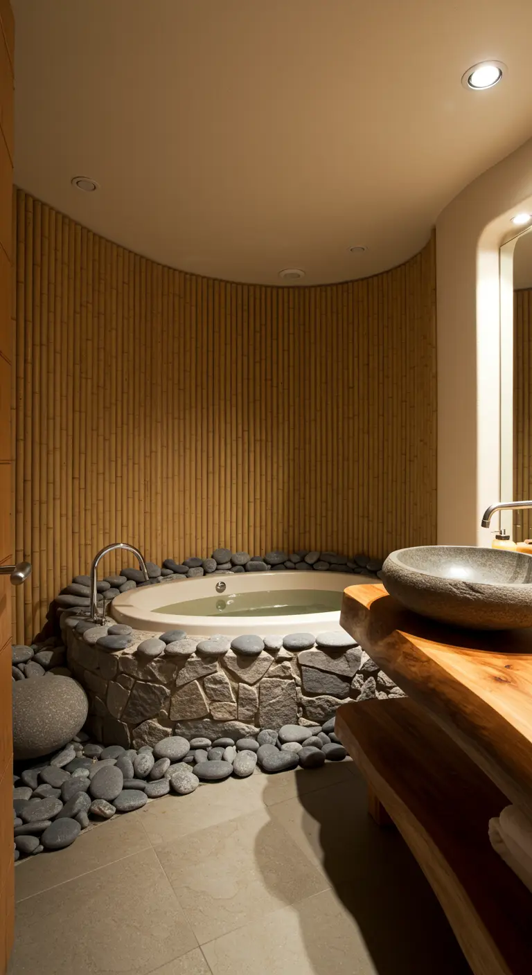 Bathroom with a curved bamboo wall, a stone-surrounded tub, and a live-edge wood vanity.