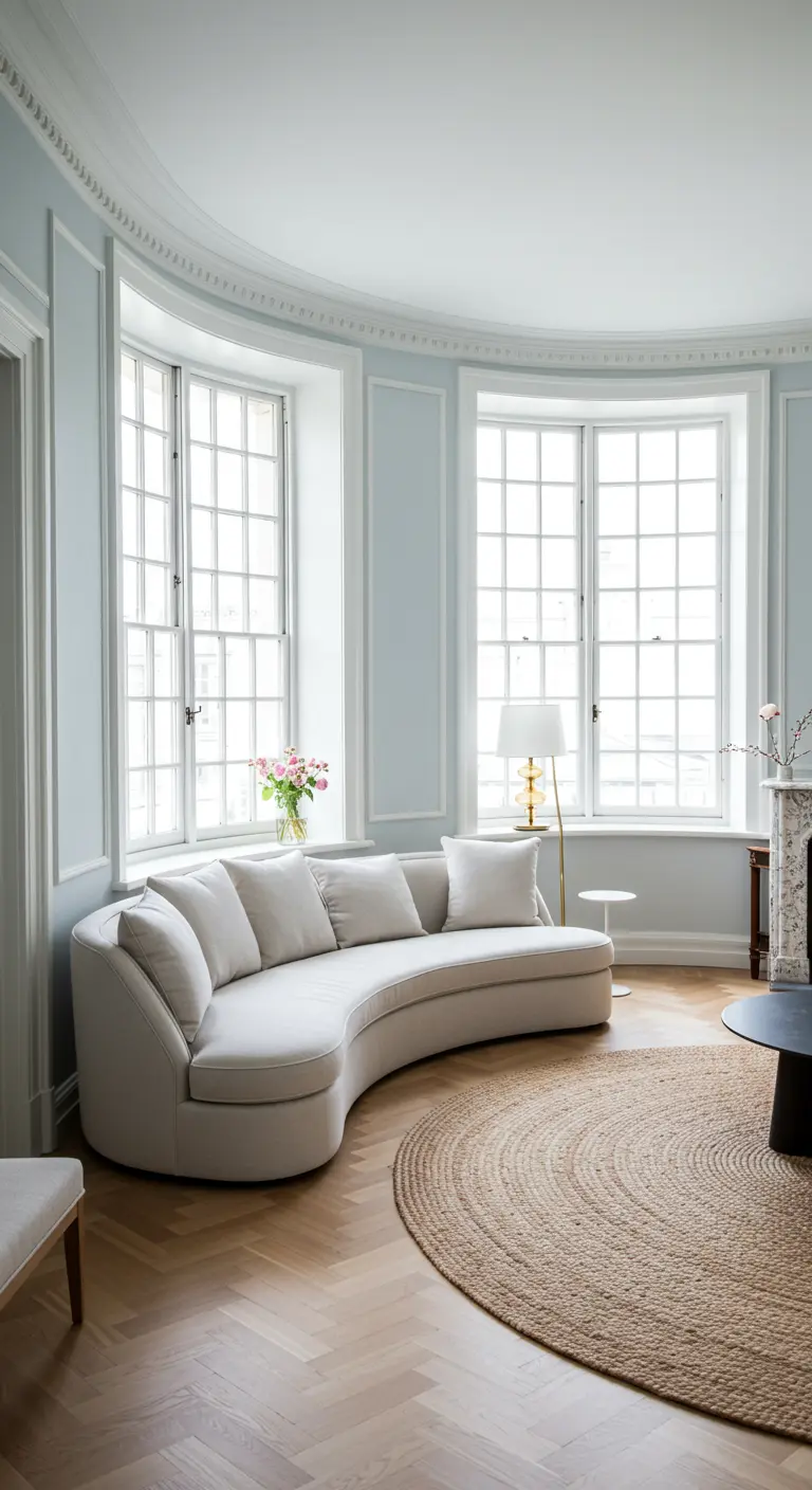 Living room with a curved wall of windows and a matching curved cream sofa on a round jute rug.