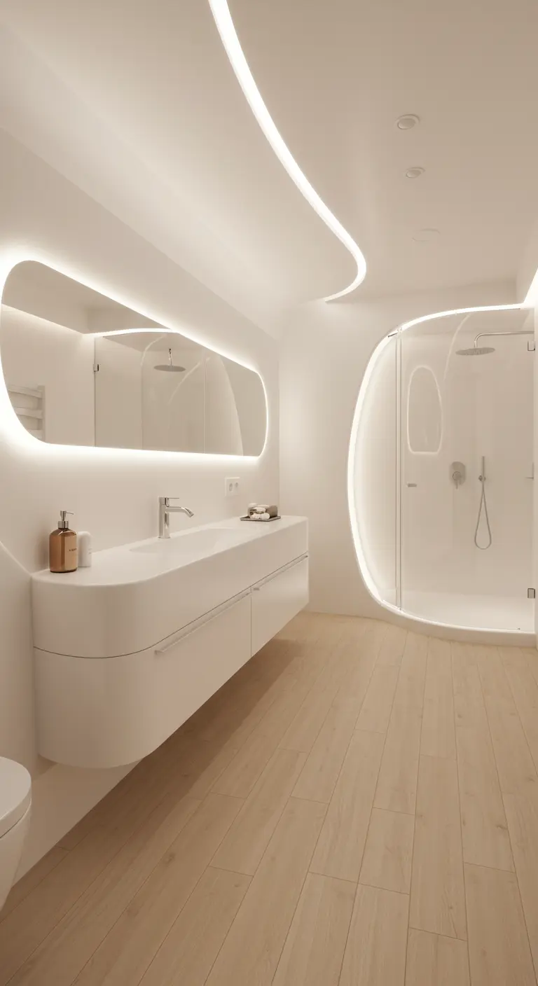 All-white bathroom with curved walls and ceiling, with LED lighting tracing the curves.