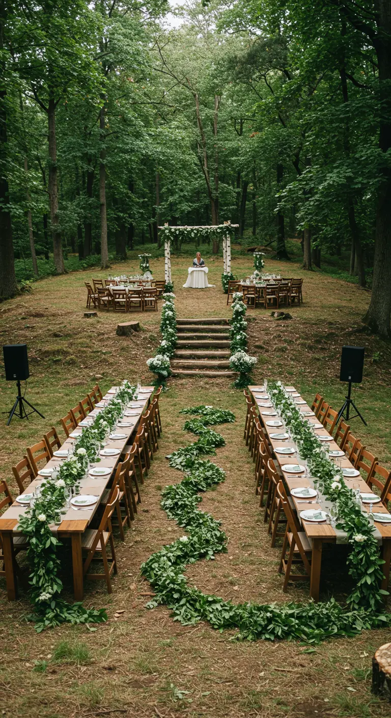 Long wedding reception tables with a winding, serpentine green garland on the aisle.