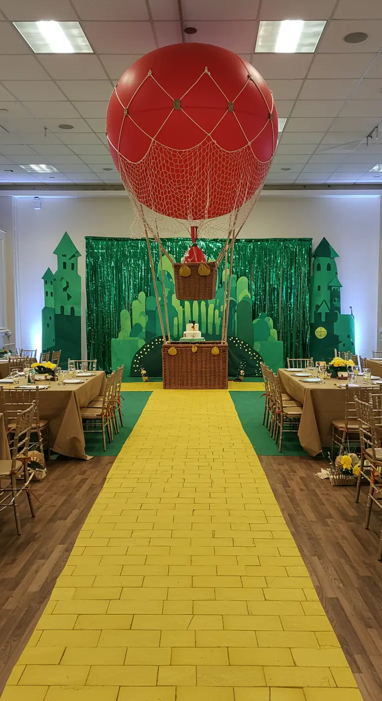 Wizard of Oz party with a yellow brick road aisle and an Emerald City backdrop.