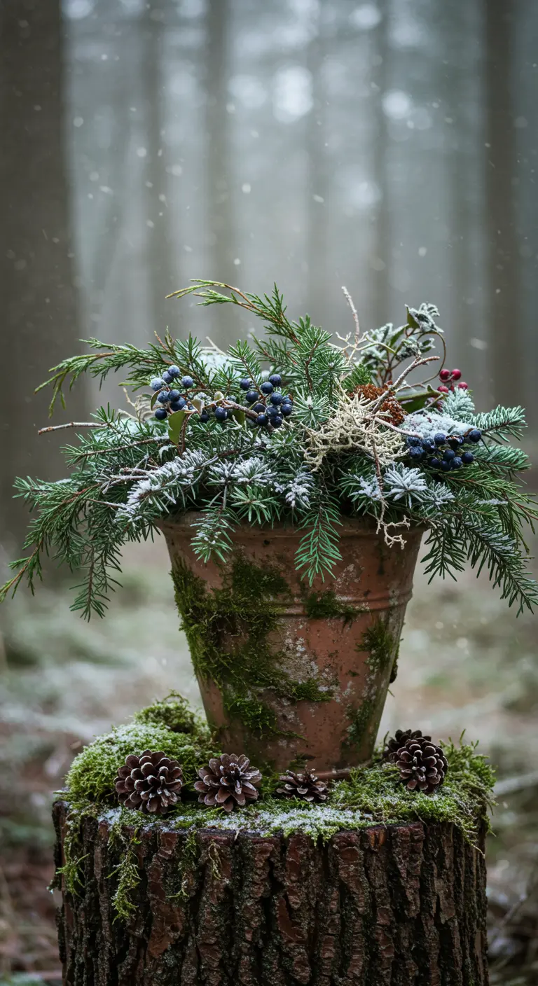 A weathered terracotta pot filled with foraged evergreens, lichen, and dark juniper berries in a forest setting.