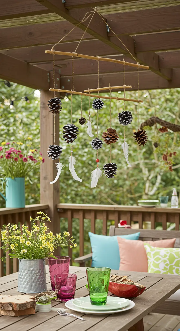 A rustic mobile made of pinecones, white feathers, and sticks.