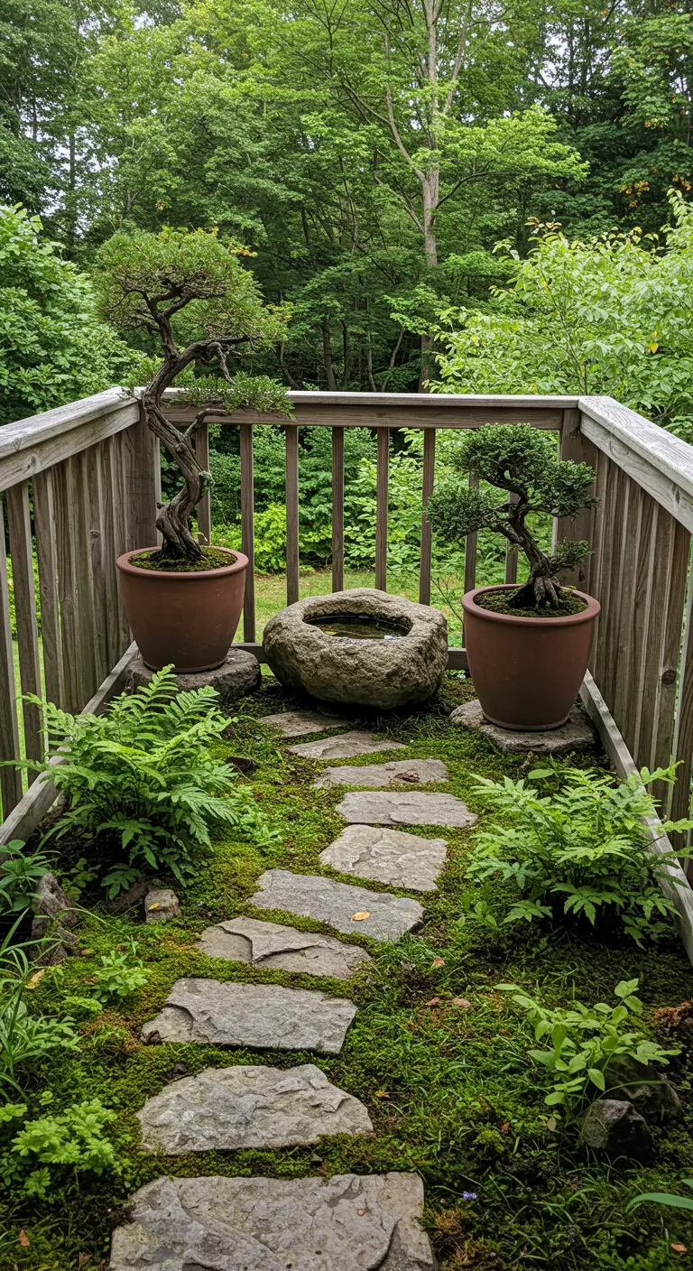 Wooden balcony nook with ferns, moss, a natural stone water basin, and two bonsais.