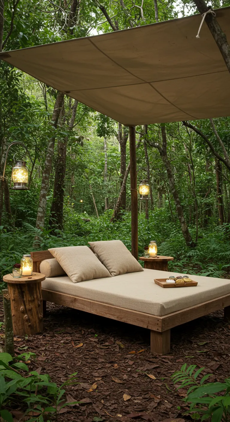 Simple teak daybed in a forest clearing with log stump side tables and lanterns.