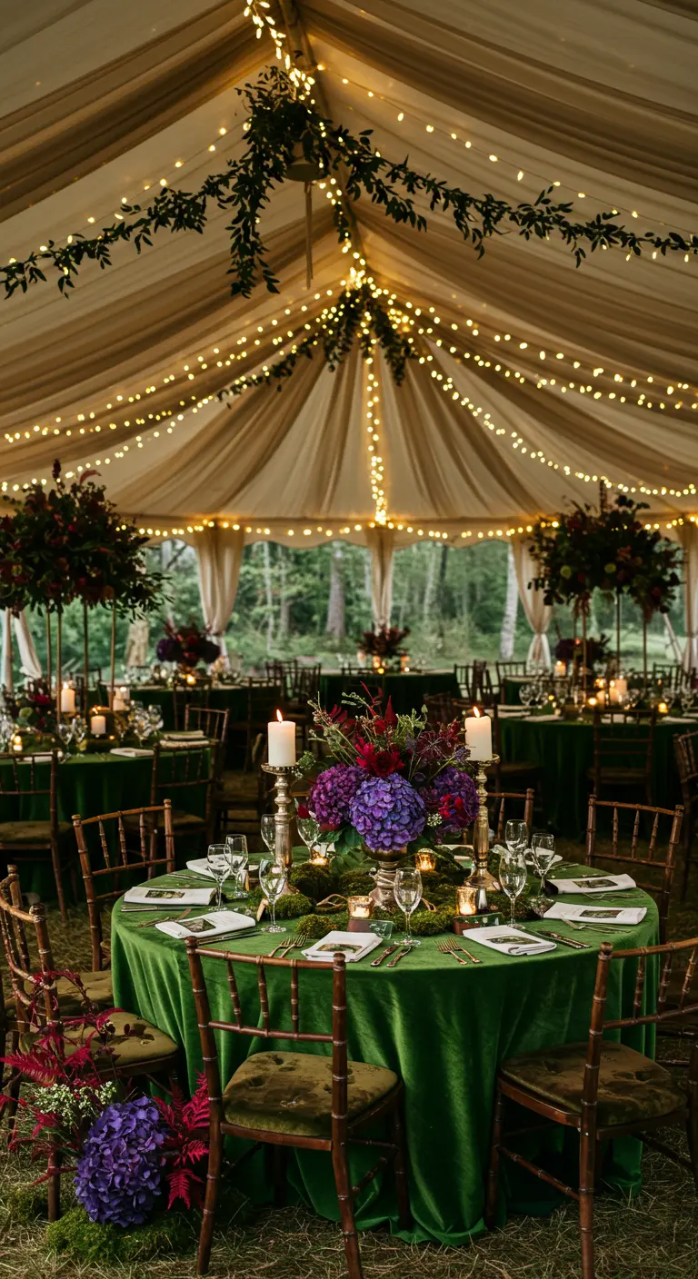 Tent setting with green velvet tables, dark floral centerpieces, moss, and tall white candles.