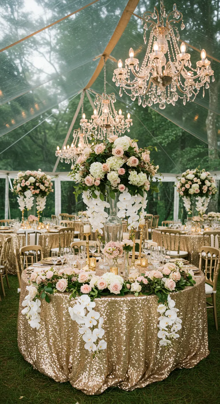 Glamorous wedding reception in a clear tent with sequin tablecloths and chandeliers.