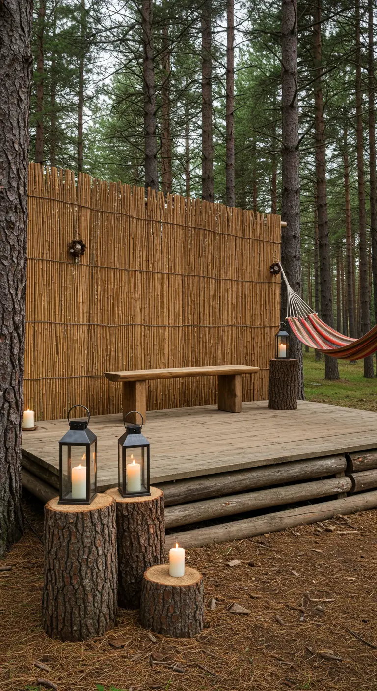 Rustic wooden deck in a forest with a hammock, lanterns, and log stools.