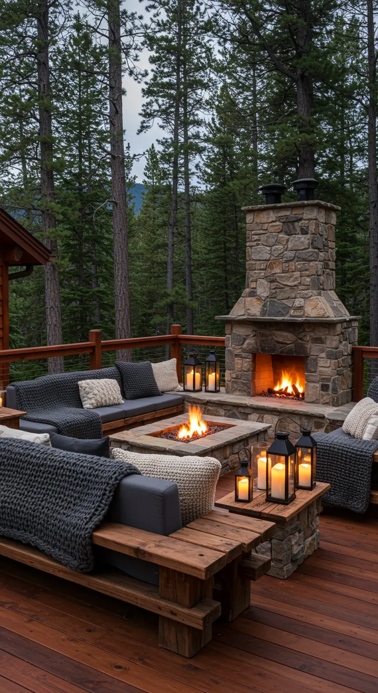 Cozy patio with a stone fireplace, gray sofas, chunky throws, and lanterns in a forest setting.