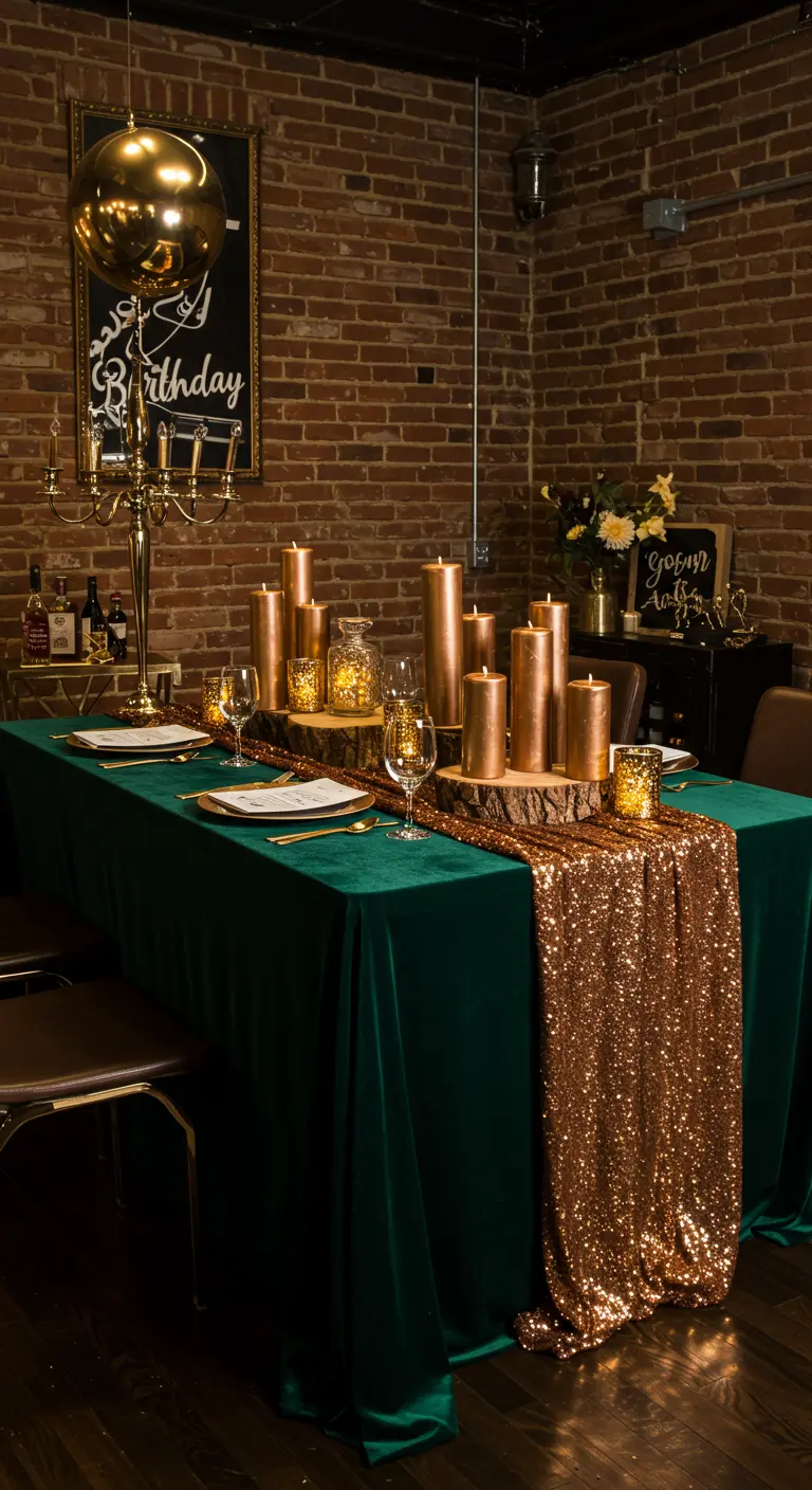 Table with emerald green velvet cloth, bronze sequin runner, and copper pillar candles.