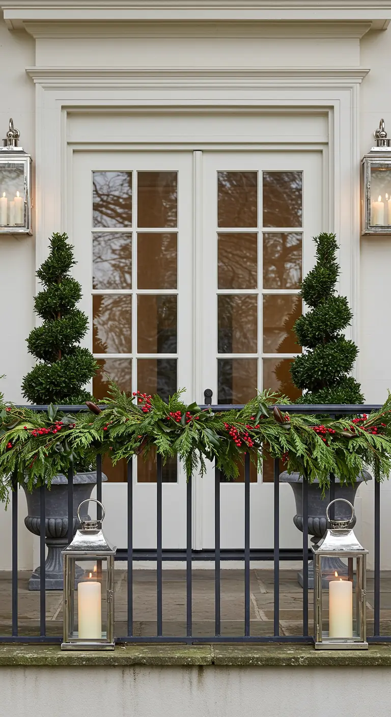 Symmetrical balcony with two spiral topiaries, a garland, and matching lanterns.