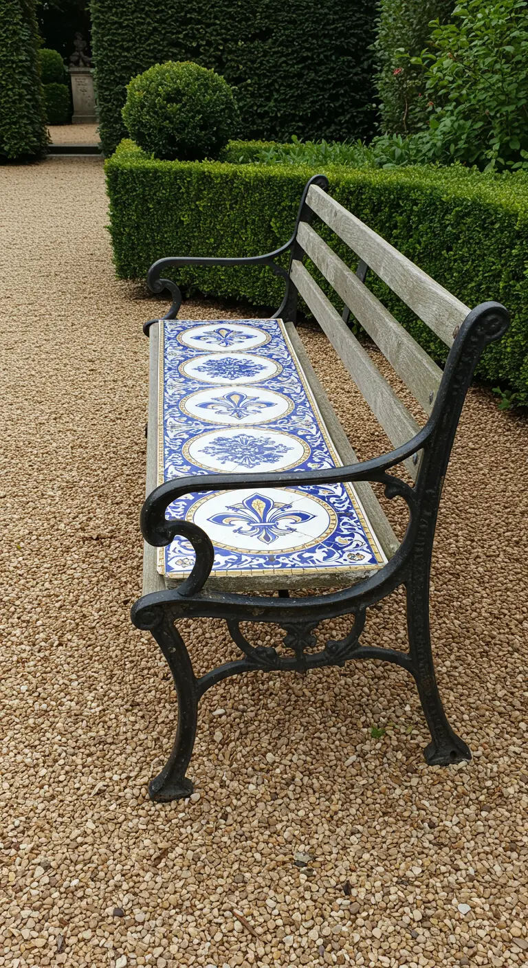 A classic park bench with a cast iron frame and a seat made of blue and white fleur-de-lis patterned tiles.